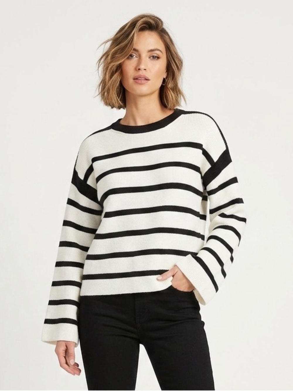 TRUTH BY REPUBLIC Ivory Black Stripe Ottoman Ribbed Crew Neck Sweater XS $68 EUC